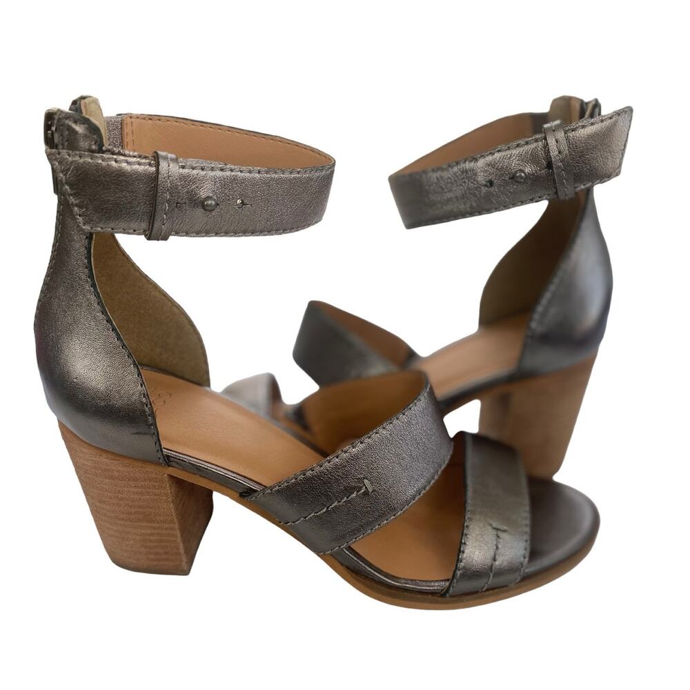 Frye Metallic Gray Ankle Strap Block Heel Sandals